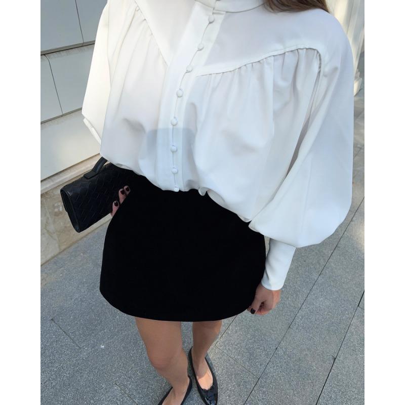 White Casual Stand Collar Puff Sleeve Loose Fit Shirt For Commute