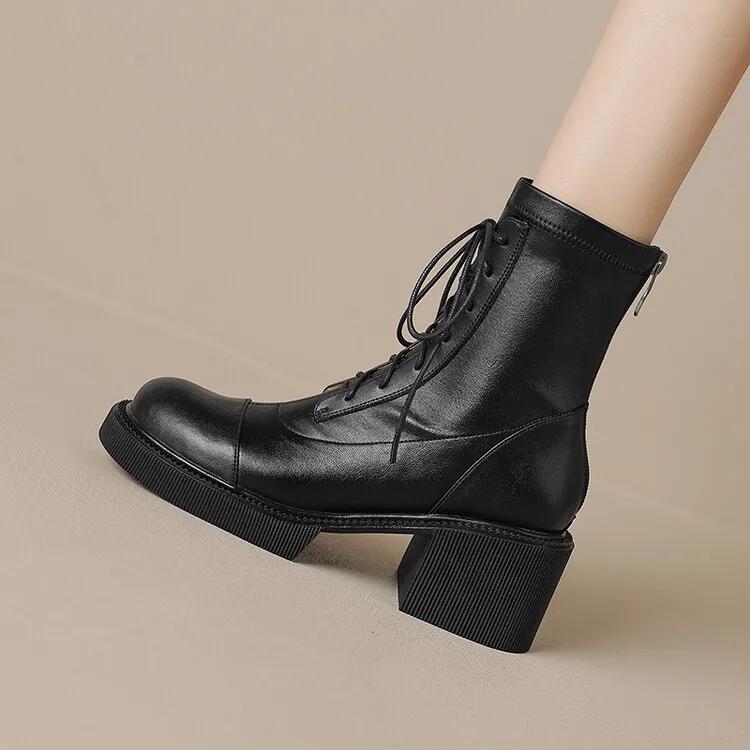 Мода 2025 Осень Зима Спилок Женские Ботинки Круглый Носок Шнуровка Короткие Ботинки для Женщин Массивный Каблук Ботинки Zapatos Mujer Высокий Каблук