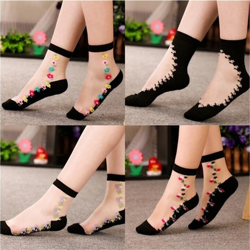 Летние женские кружевные носки с хрустальным стеклом, шелковые короткие тонкие прозрачные носки с цветком