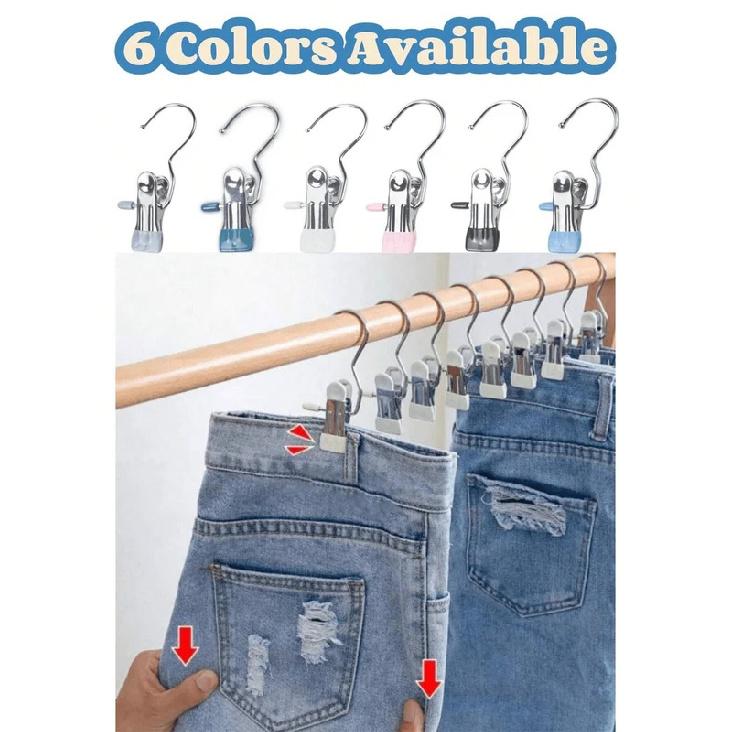 10pcs Premium Stainless Steel Clothes Clips, Adjustable Metal Pants Skirt Hanger with Grip Clips Hook Laundry Home Organizer