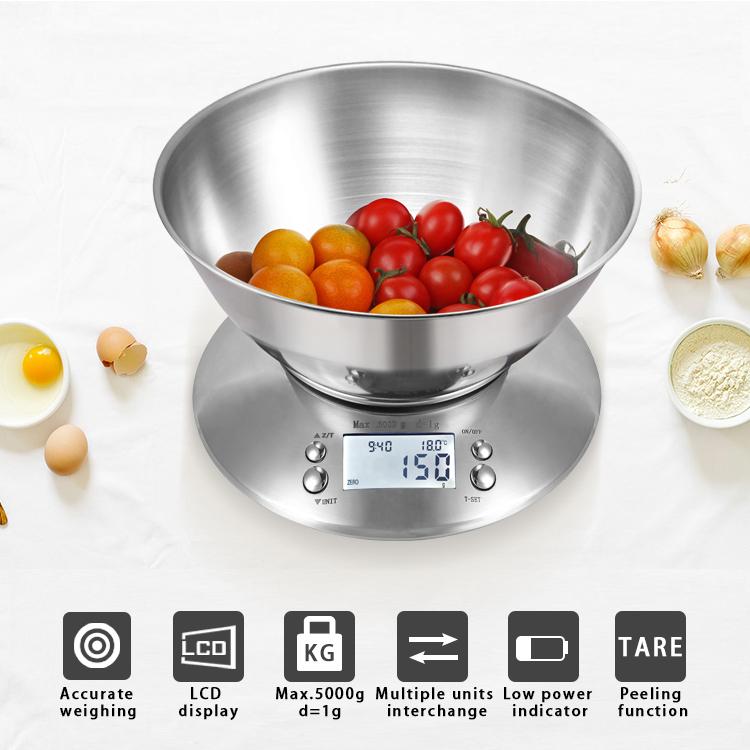 Stainless Steel Household Food Scale with a Bowl 5000 Gram 1g 11 Pounds Kitchen Scale