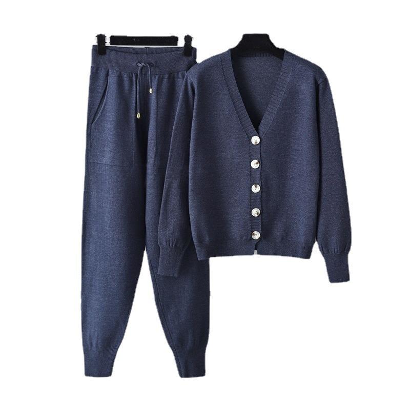 Autumn and Winter New Collar Cardigan Sweater Harlan Pants Set Solid Color Cardigan Sweater Two-piece Set