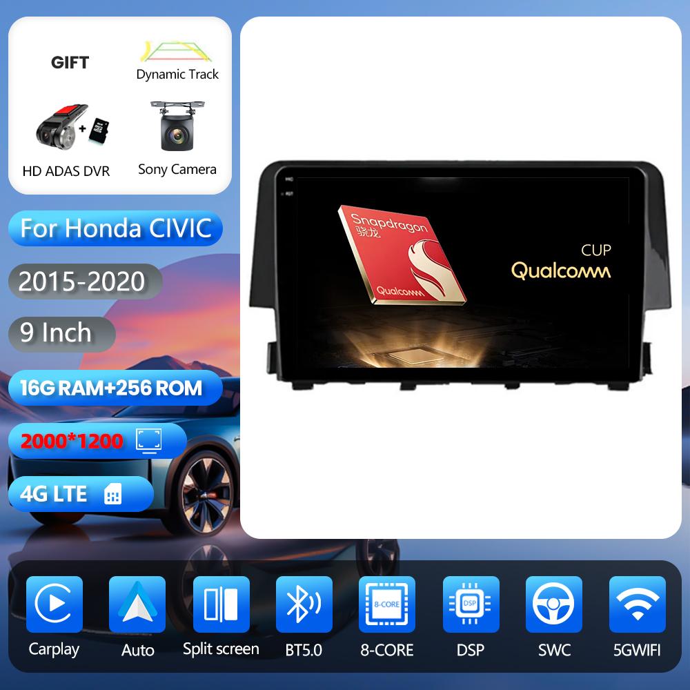 Autoradio multimédia Android 16 RSNAVI pour Honda Civic 10 FC FK 2015-2020, Carplay, GPS, Plug and Play