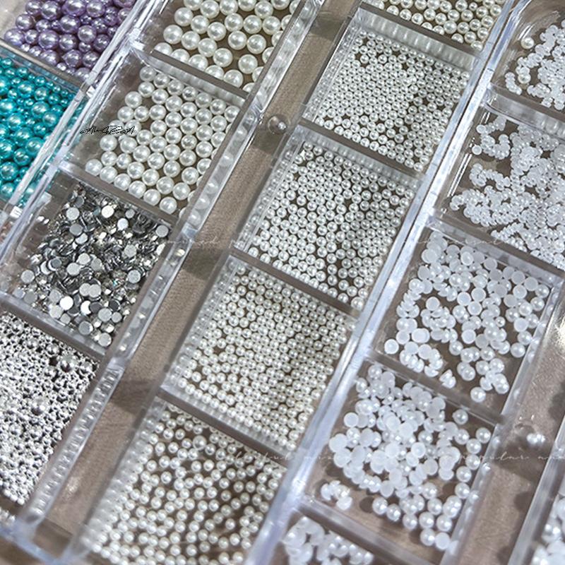 6/12 Grids/Box Colorful Round Pearls Nail Beads Charms Caviar Jewels Half Round Pearl Gems for DIY Nail Art Decoration