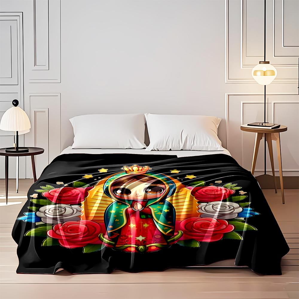 "Colorful Virgin Mary Cartoon with Roses Design Flannel blanket for bedroom, living room, sofa, and nap sofas"