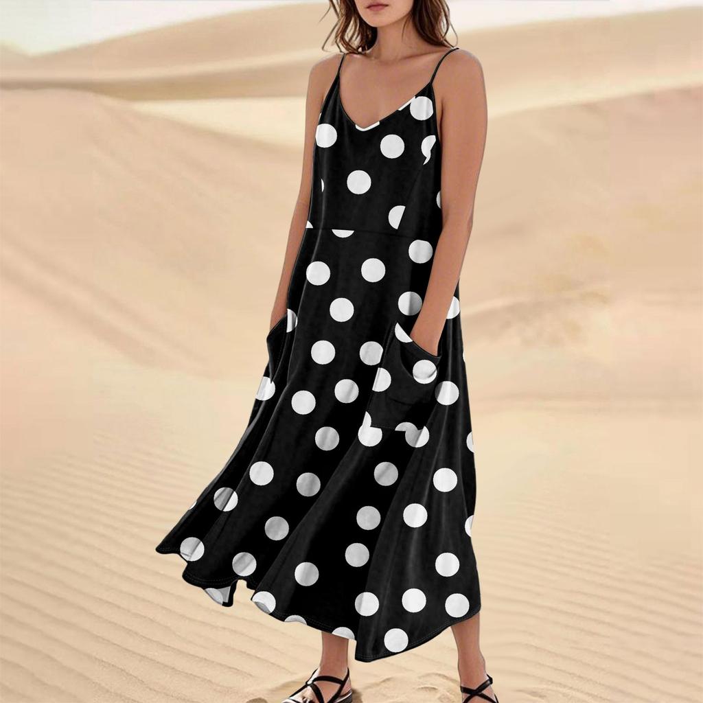 Women's Casual V Neck Dot Print Sleeveless Pocket Suspender Dress