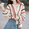 Autumn Women's Sweater Cardigan Loose Rainbowcolour Sweater Wear Hollow Crochet Long Sleeve Top