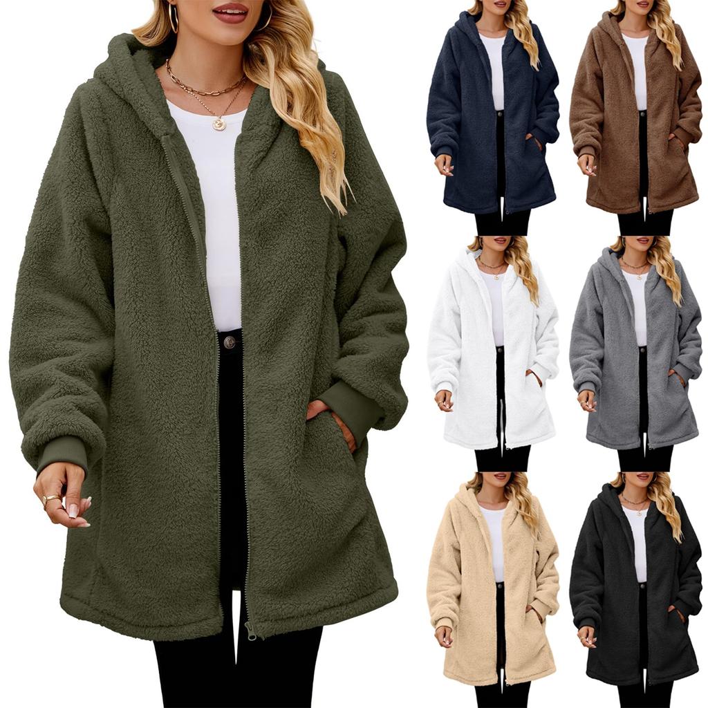 Women's Fashionable Coat Solid Color Long Sleeved Pocket Loose Hooded Zipper Plush  Jacket