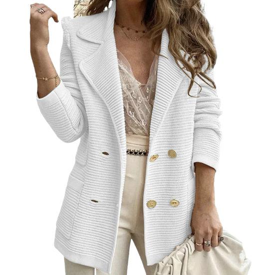 Women Fall Winter Coat Double-breasted Solid Color Thick Soft Warm Turn-down Collar Cardigan Buttons Pockets Mid Length OL Commute Style Lady Jacket