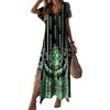 Lady Summer Dress Color Matching Geometric Print V Neck Split Hem Short Sleeves A-line Loose High Waist Casual Daily Wear Maxi Dress