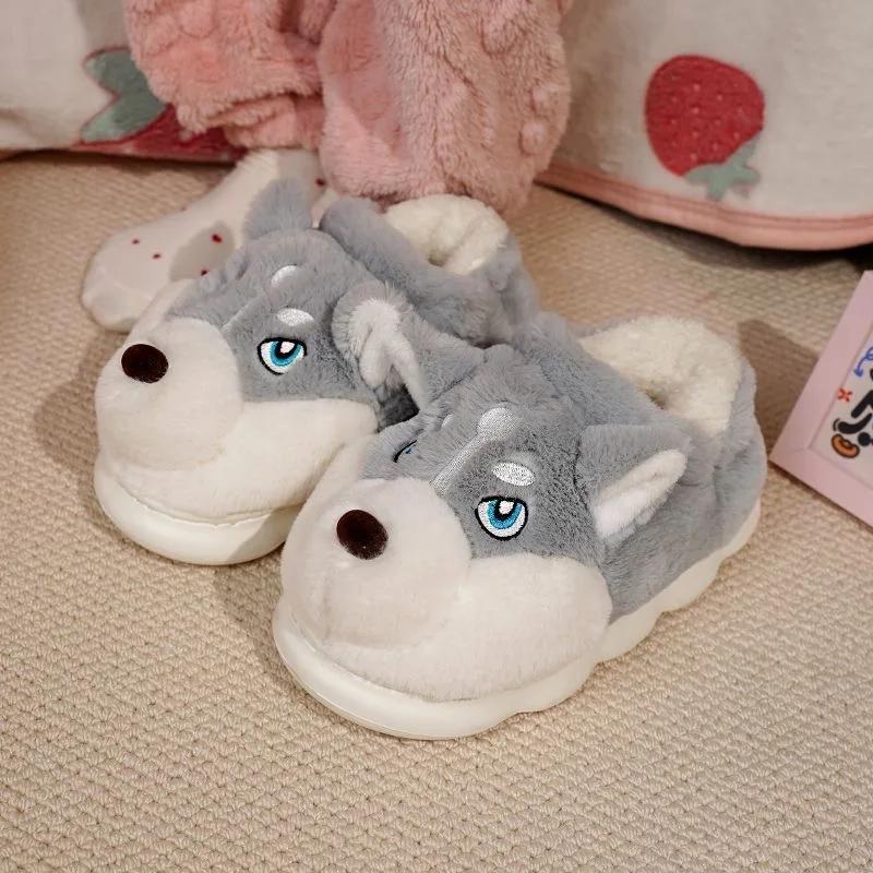 Fashion Women Indoor Cotton Slippers Cute Cartoon Dog Winter Warm Shoes Couples Home Floor Slides Anti-slip Female Male House Footwear