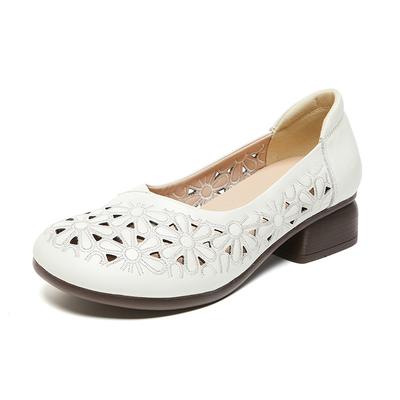 Летние винтажные женские туфли-лодочки, удобные туфли из натуральной кожи на высоком каблуке, женские повседневные туфли на среднем каблуке с круглым носком для мам