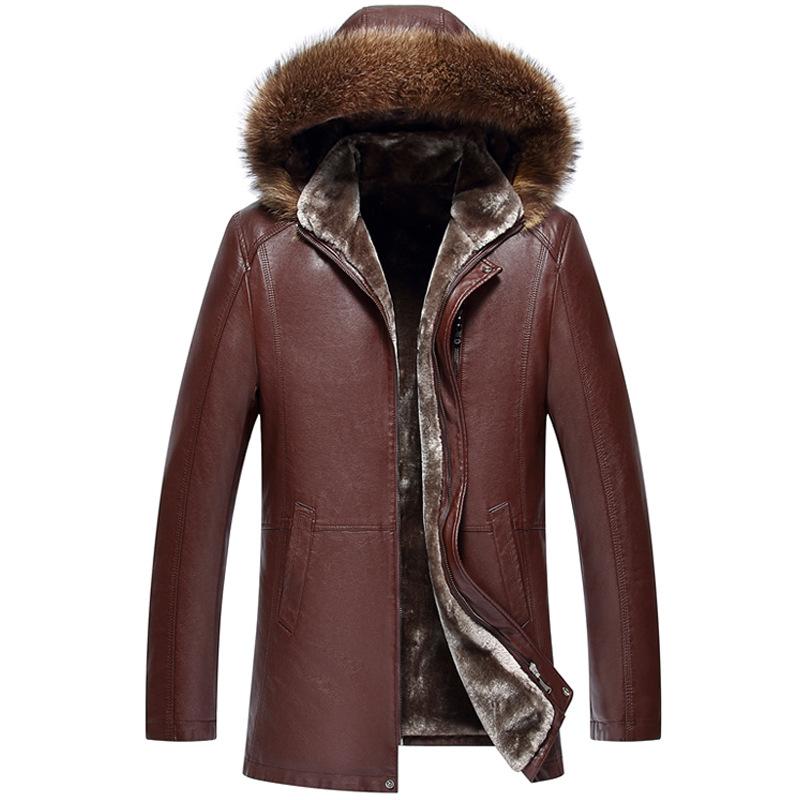 Middle-aged Men's Raccoon Fur Collar Fur Mid-length Men's Thickened Genuine Leather Coat Men's Fur One-piece Fur Coat