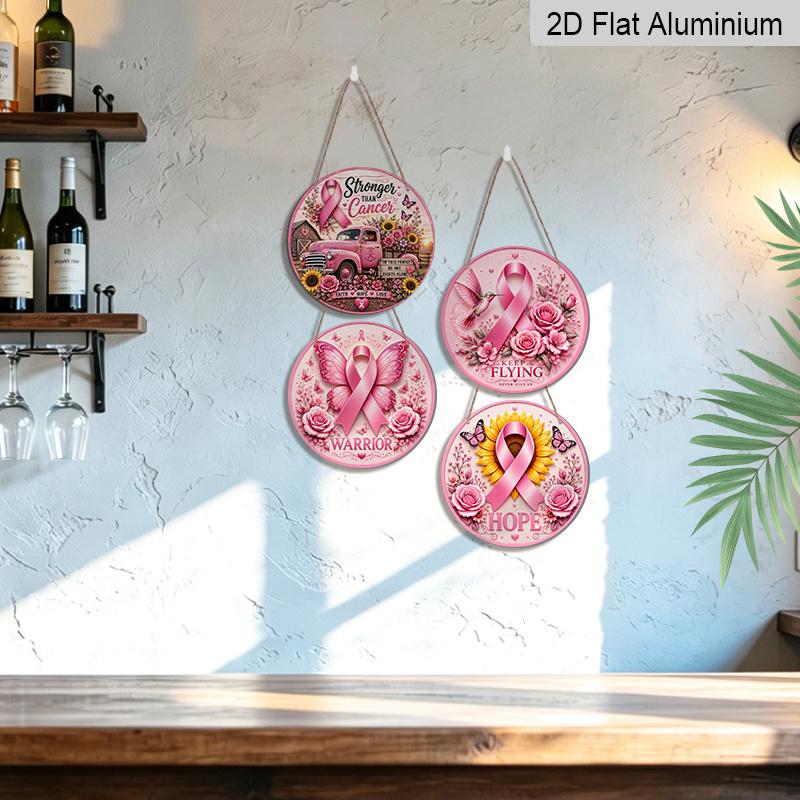 4Pcs Breast Cancer Awareness Pink Ribbon Round Aluminum Sign Set, Warrior Hope Faith Love Floral Truck Hummingbird Butterfly Ptint