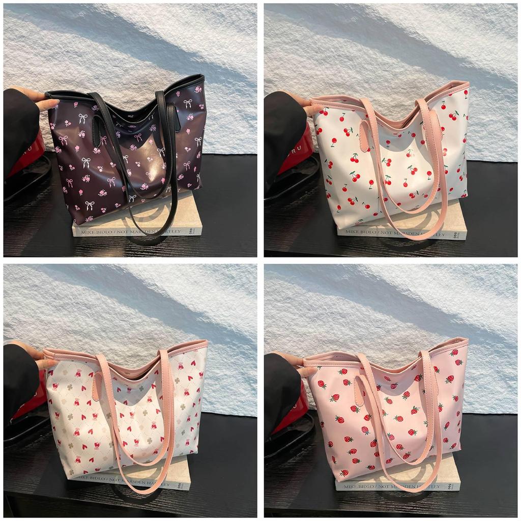 Sweet Cherry Printed Tote Bag For Women Large Capacity Street Style Pu Handbag