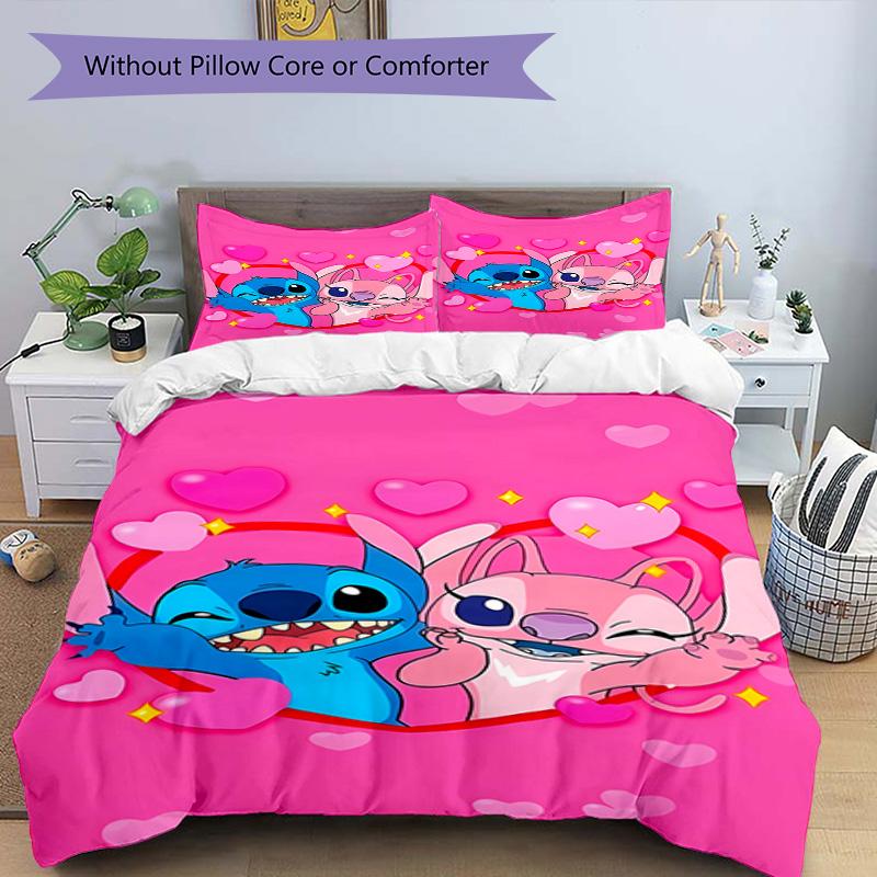 Stitch Adventure Flowers Bedding Set,Breathable Duvet Cover with Pillowcases,Soft Bed Linen for Bedroom Home Decoration,Perfect Festival Birth