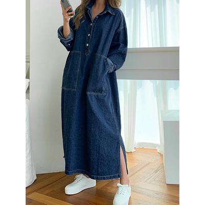 Корейское свободное джинсовое платье на шнурке Женские шикарные женские платья с разрезом Элегантные синие платья с карманами Корея