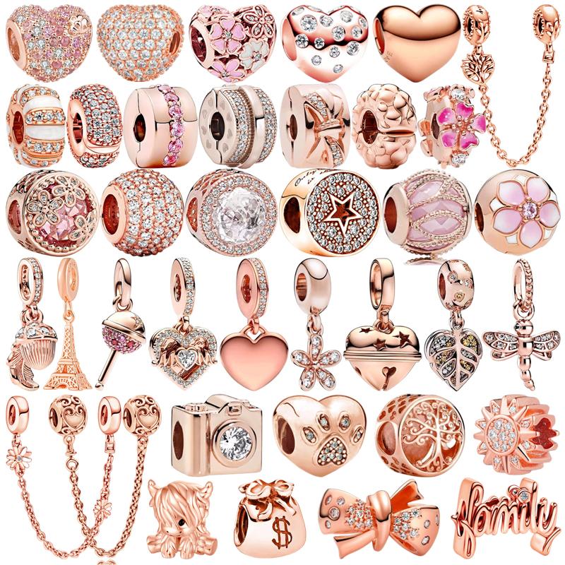 НОВЫЙ Rose Gold Семейная Любовь Шарм Подвеска Бусина Цветок Сердце Зажим Подходит к Серебряному Браслету DIY Украшения Подарок для Нее
