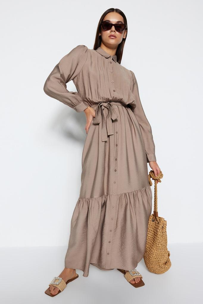 Women's Fashion New Hijab Dress Mink Belted Shoulder Detailed Skirt Flounced Woven Shirt Dress