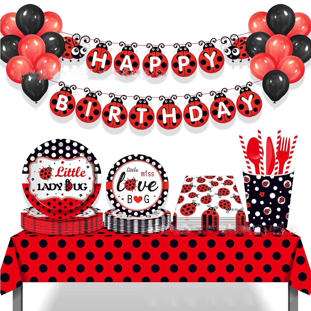 Ladybug Theme Disposable Tableware Set Seven Star Lady Bug Paper Plates Napkins Cups Happy Girls Insect Birthday Party Decor