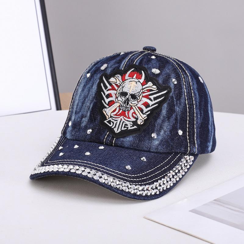 Персонализированная бейсболка с крестом и черепом женская из чистого хлопка джинсовая с инкрустацией бриллиантами изогнутый козырек в наличии