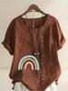 Women's Fashion Rainbow Black Letters Print Casual Cotton Linen Short Sleeve Round Neck T-shirt Shirt Leisure Loose Summer Blouse Tops