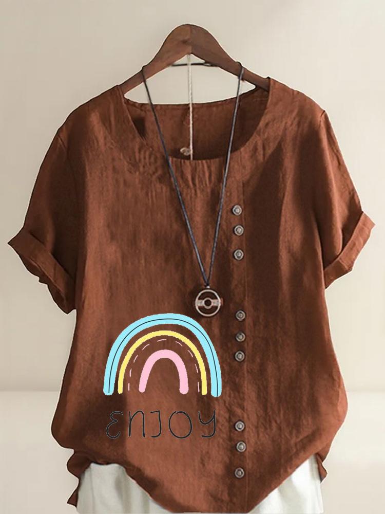 Women's Fashion Rainbow Black Letters Print Casual Cotton Linen Short Sleeve Round Neck T-shirt Shirt Leisure Loose Summer Blouse Tops