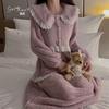 Women's Warm Flannel Peter Pan Collar Lace Soft Sleep Dress Set for Fall Winter