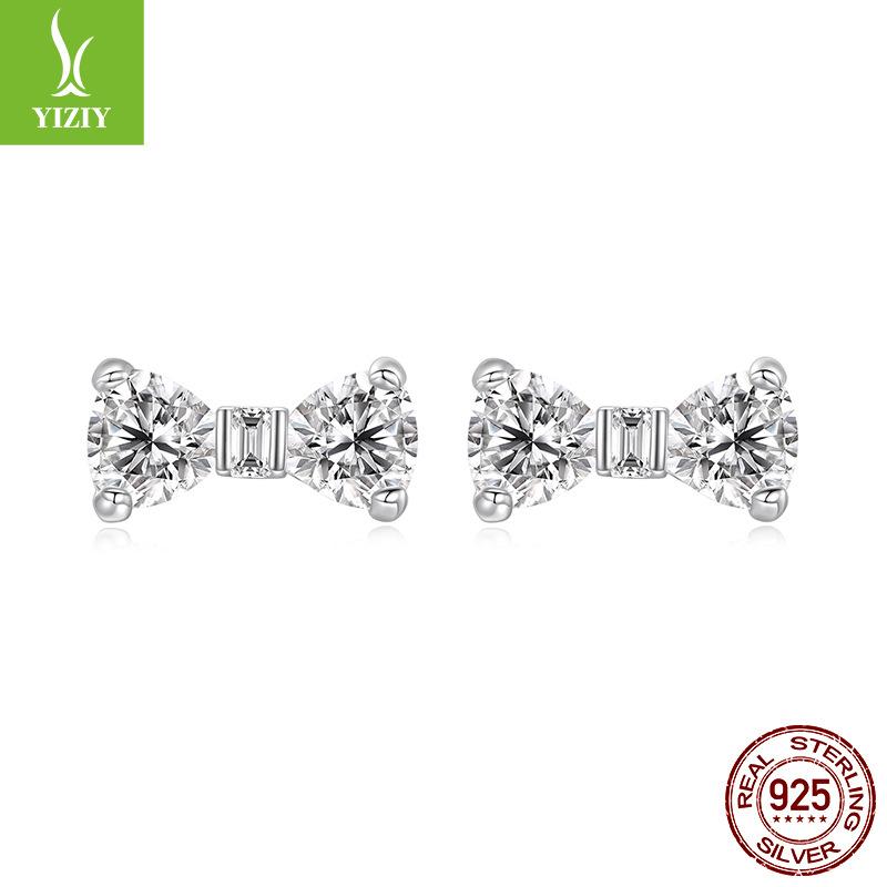 Bow S925 Sterling Silver Stud Earrings For Women, Shining Luxury Zircon Simple Stud Earrings.