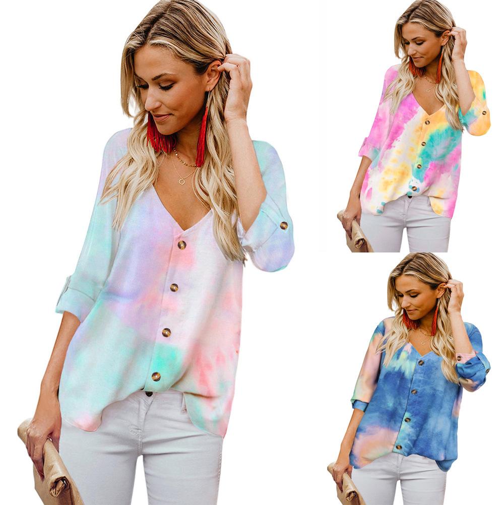 Women's Fashion Plus Size Autumn Tie Dye Button Loose Tops T Shirts Long Sleeve V Neck Casual Blouses