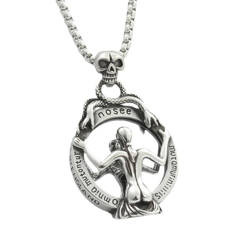 Stainless Steel Skull Mirror Pendant Necklace Men Women Vintage Punk Geometric Charm Jewelry Gift