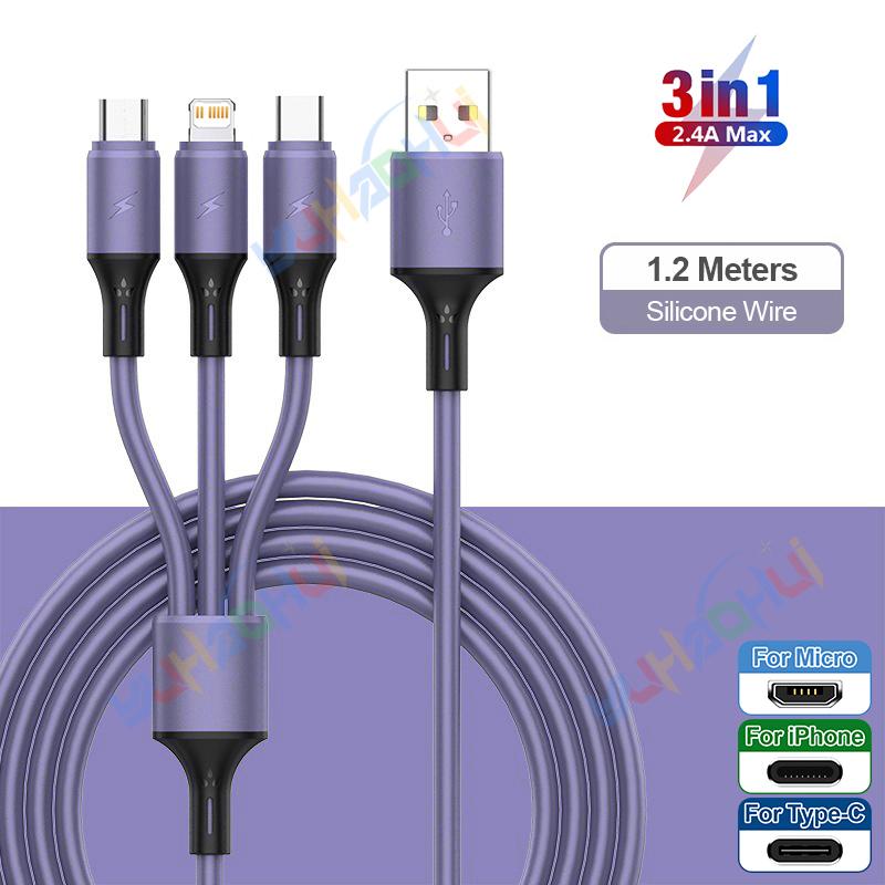 2.4A Макс. 3 в 1 USB-кабель для быстрой зарядки Lightning-кабель для iPhone Type C Кабель для зарядки мобильного телефона для Xiaomi Samsung USB Micro