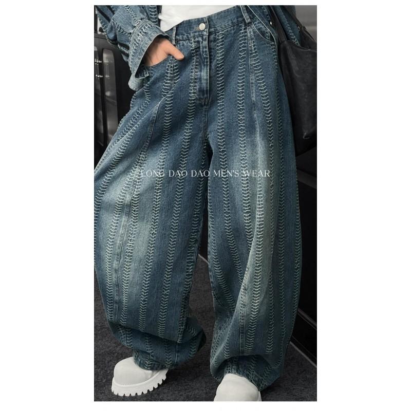 Mens Vintage Woven Collar Denim Jacket Loose Wide Leg Pants Casual Set Streetwear