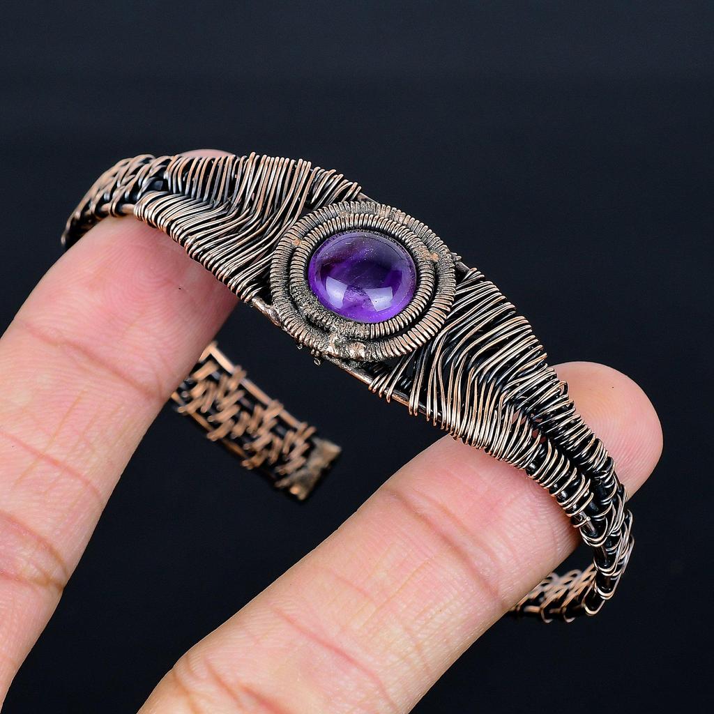 Украшения из аметиста, браслет-манжета, обмотанный проволокой из чистой меди, ювелирные изделия из проволоки с драгоценными камнями,