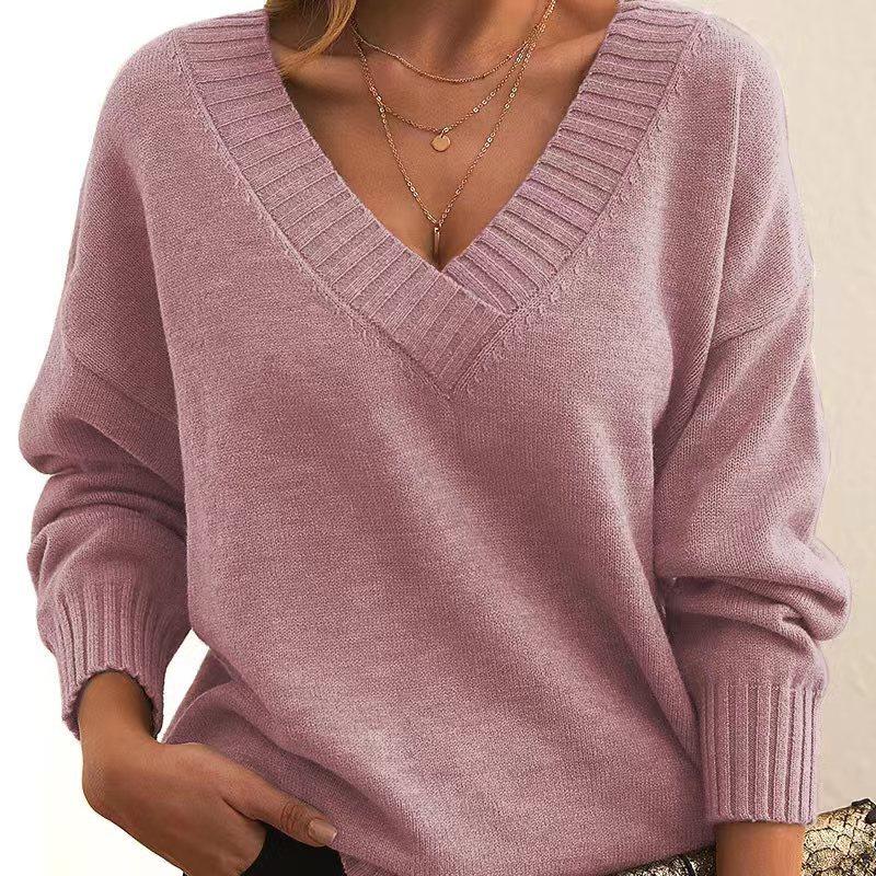 Knit Pullover Top Women's Sweater Loose V-Neck Casual Knit Plus Size Sweater