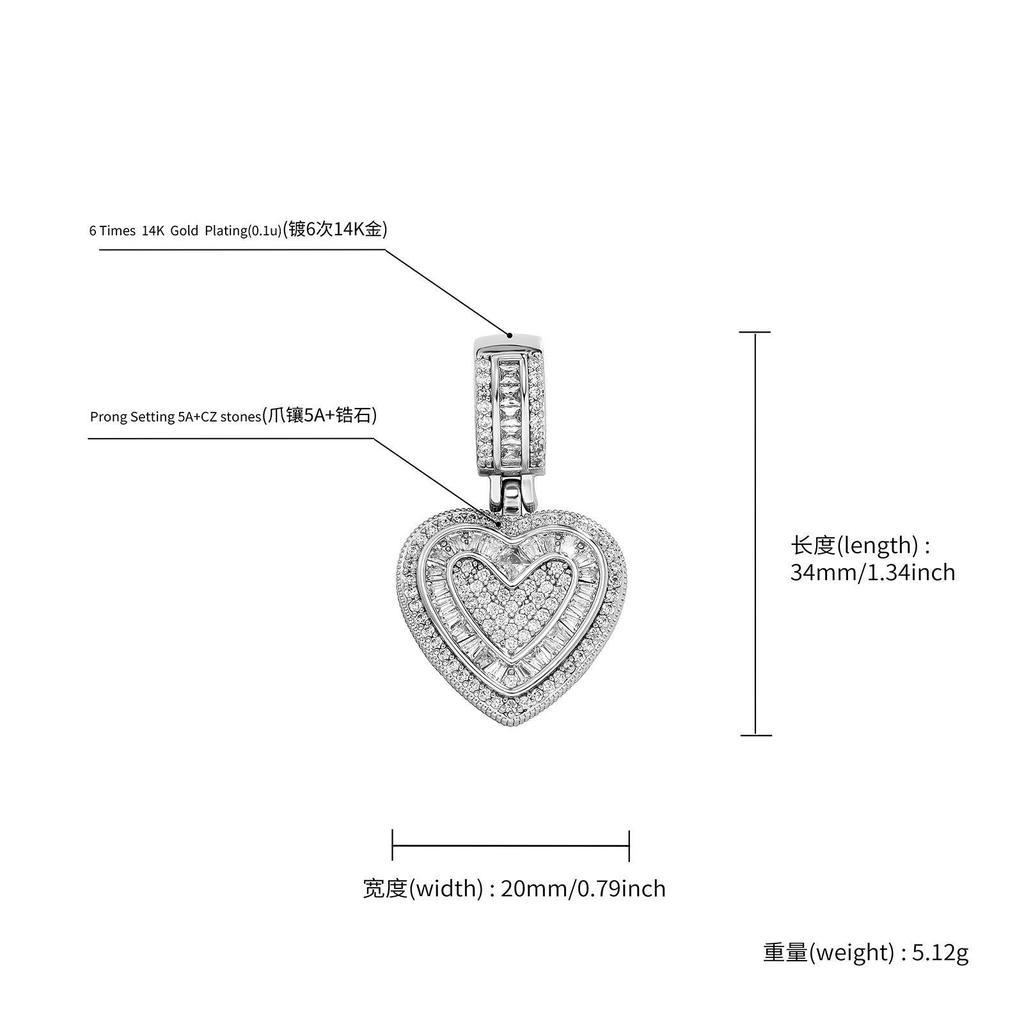 Bling CZ Heart Pendant Rope Chain Necklace, Gold Silver Plated Iced Out Heart Necklace, Hip Hop Chunky Neck Chain for Daily Party Wear