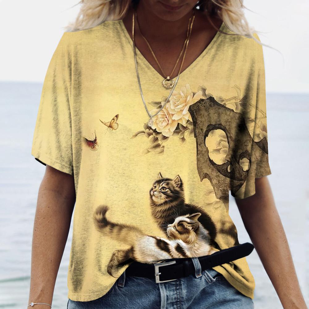 Женская футболка с 3D принтом «Манга Кот» в стиле Харадзюку, летний топ с короткими рукавами и v-образным вырезом, повседневная женская одежда, футболки большого размера