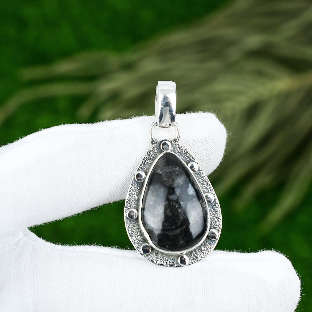 Mothers day Deal 925 Silver Black Fossil Coral Gemstone Wedding Pendant Jewelry