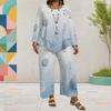 Women Plus Size Round Neck Long Sleeve Printed Layered Top Wide Leg Cropped Pants Two Piece Set