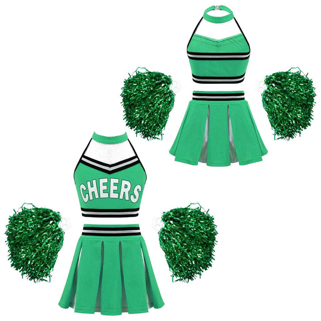 School Girls Costume Cheerleading Uniform Crop Vest Tops Pleated Skirt for Student Cosplay Party