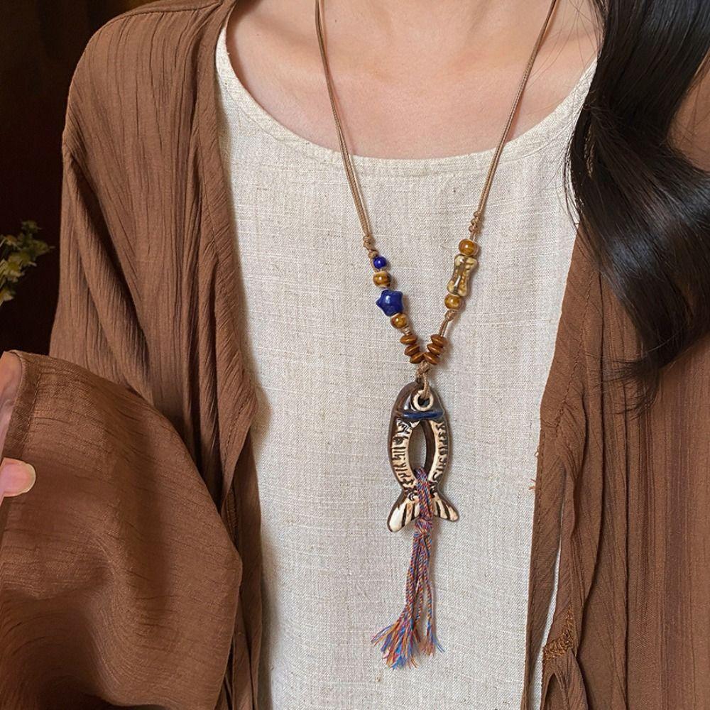 Vintage Ceramic Fish Necklace Wood Bohemian Style Choker Exquisite Long Sweater Chain Decoration