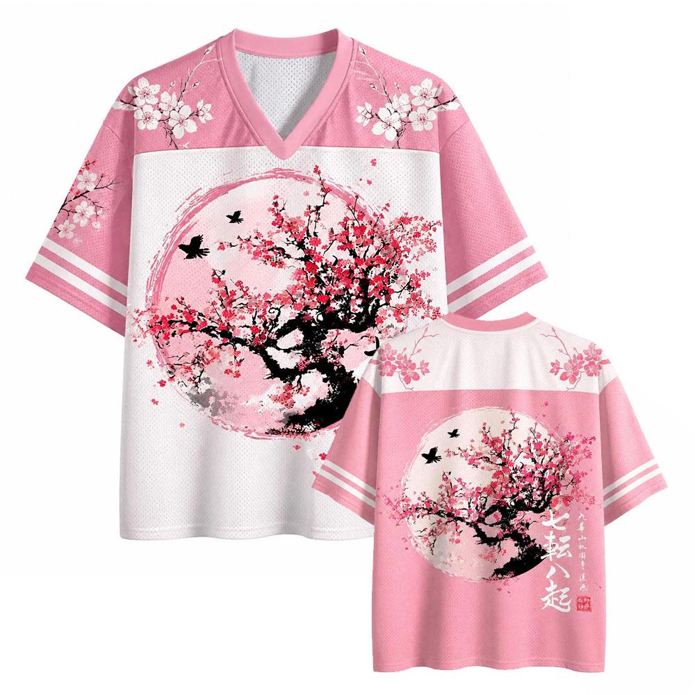 Sakura Cherry Blossom Jersey Japanese Art Mesh V-Neck Shirt Short Sleeve T‑Shirt Retro Floral Graphic Tee Tops for Men Women