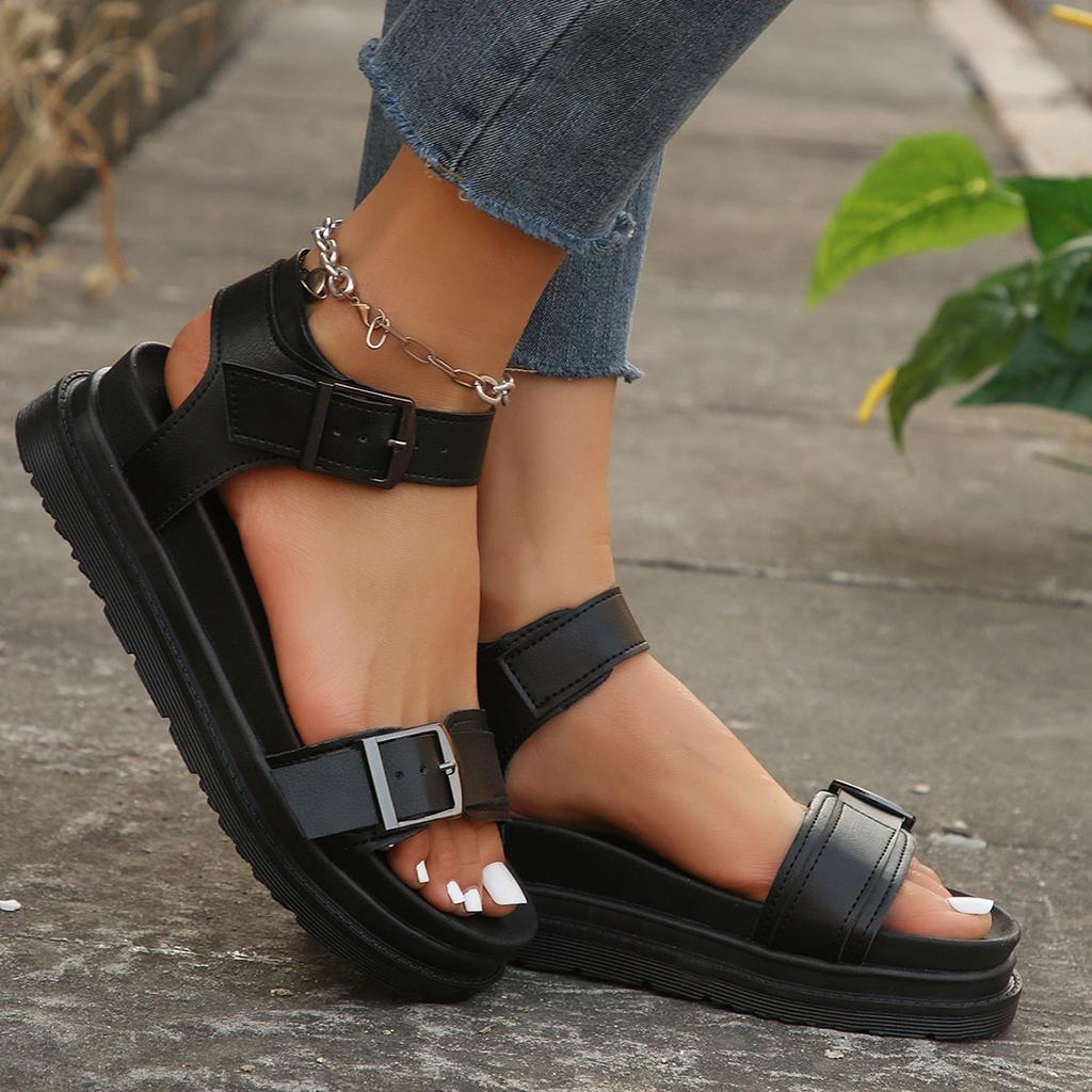 2024 Summer New Solid Color Thick-soled Belt Buckle Casual Beach Sports Sandals Female Manufacturer