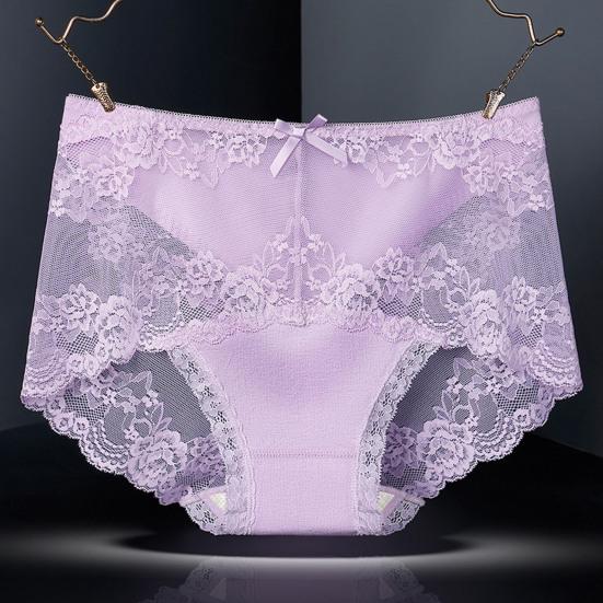 Women Underpants Hollow Out Super Breathable Soft Solid Color Mid Waist Anti-septic Elastic Flower Embroidery Lace