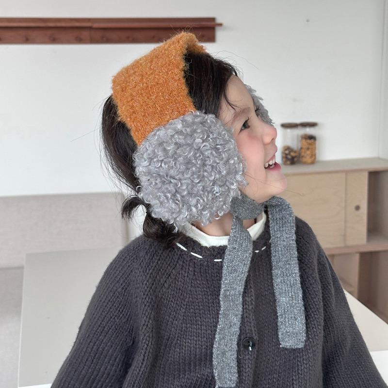 Новые корейские детские наушники Зимние плюшевые завязывающиеся грелки для ушей Цветной блок Вязаные накладки на уши для девочек Теплая флисовая повязка на голову