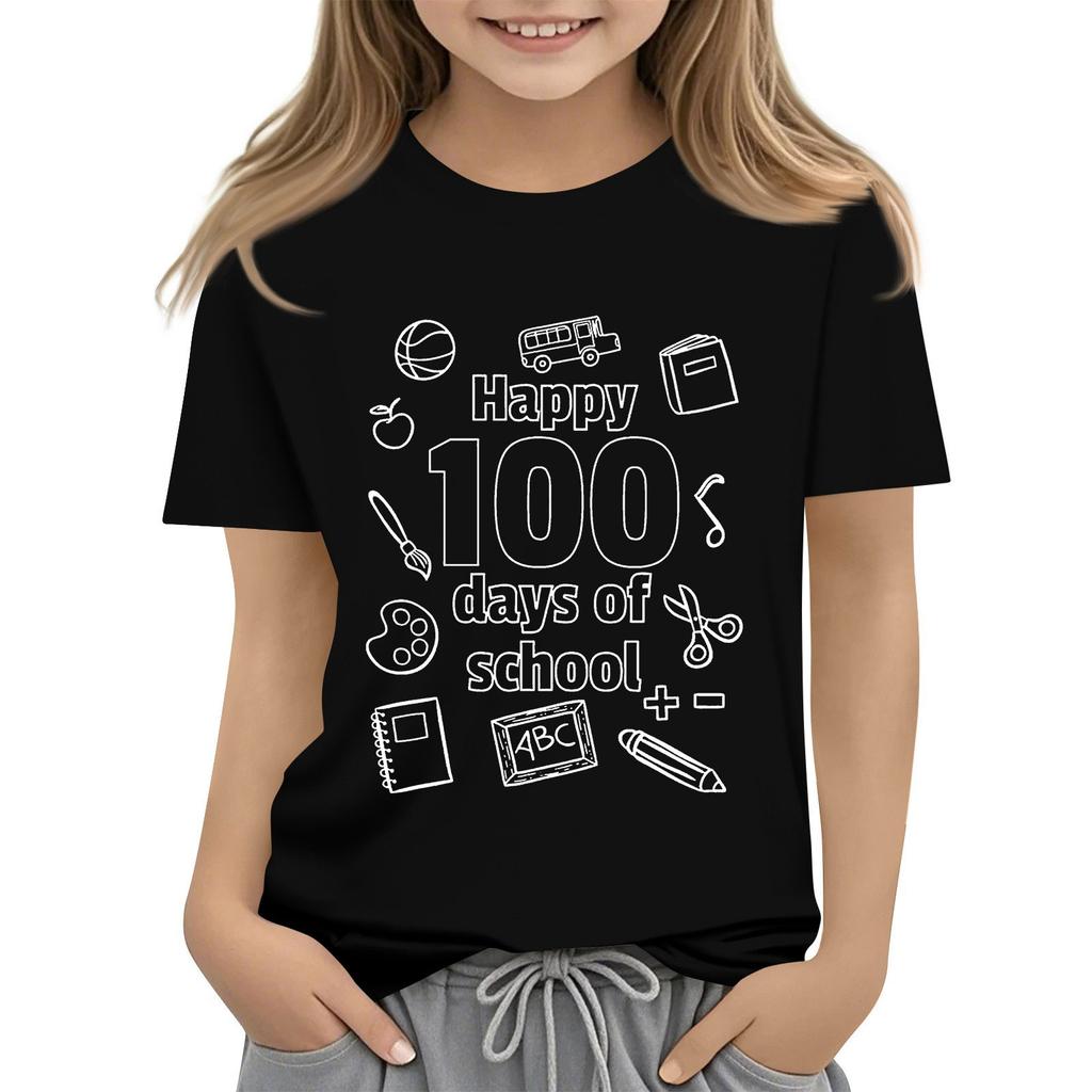 Kids Fashion Casual Short Sleeve 100 Day School Anniversary Printed Round Neck T-Shirt Top
