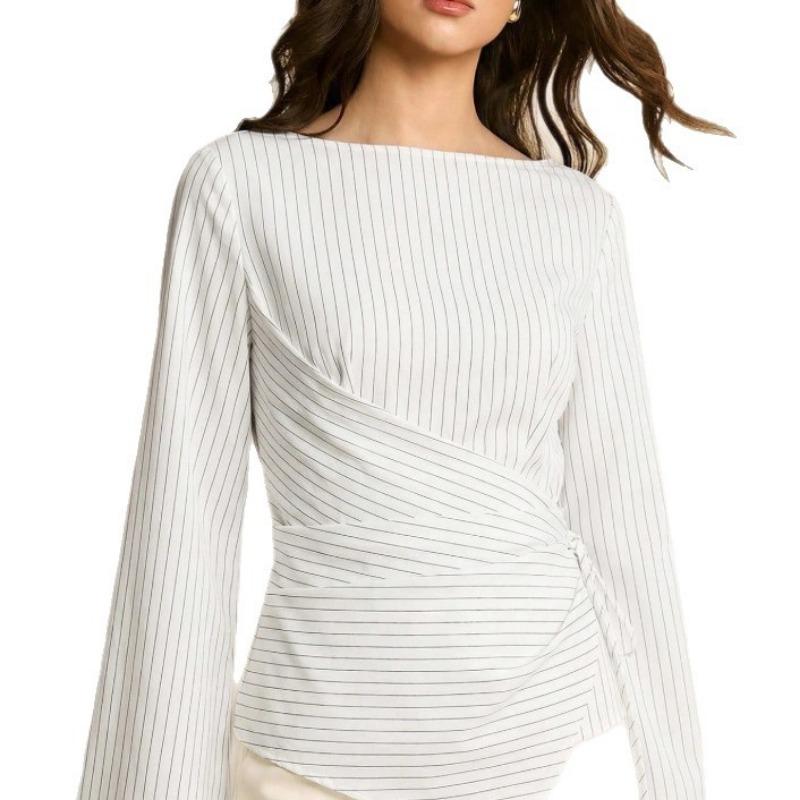 Women S Long Sleeve Striped Irregular Waist Design Shirt
