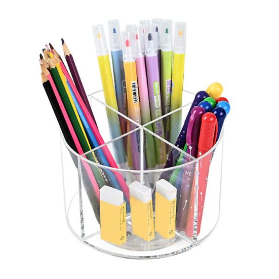 360 Degree Rotating Pen Holder Transparent Desk Pencil Organizer with 4 Compartments Acrylic Marker Caddy for Office Home School Supplies