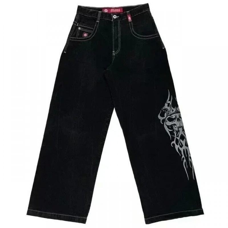 Mens Y2K Harajuku Hip Hop Streetwear Loose Fit Black Denim Jeans With Cartoon Embroidery