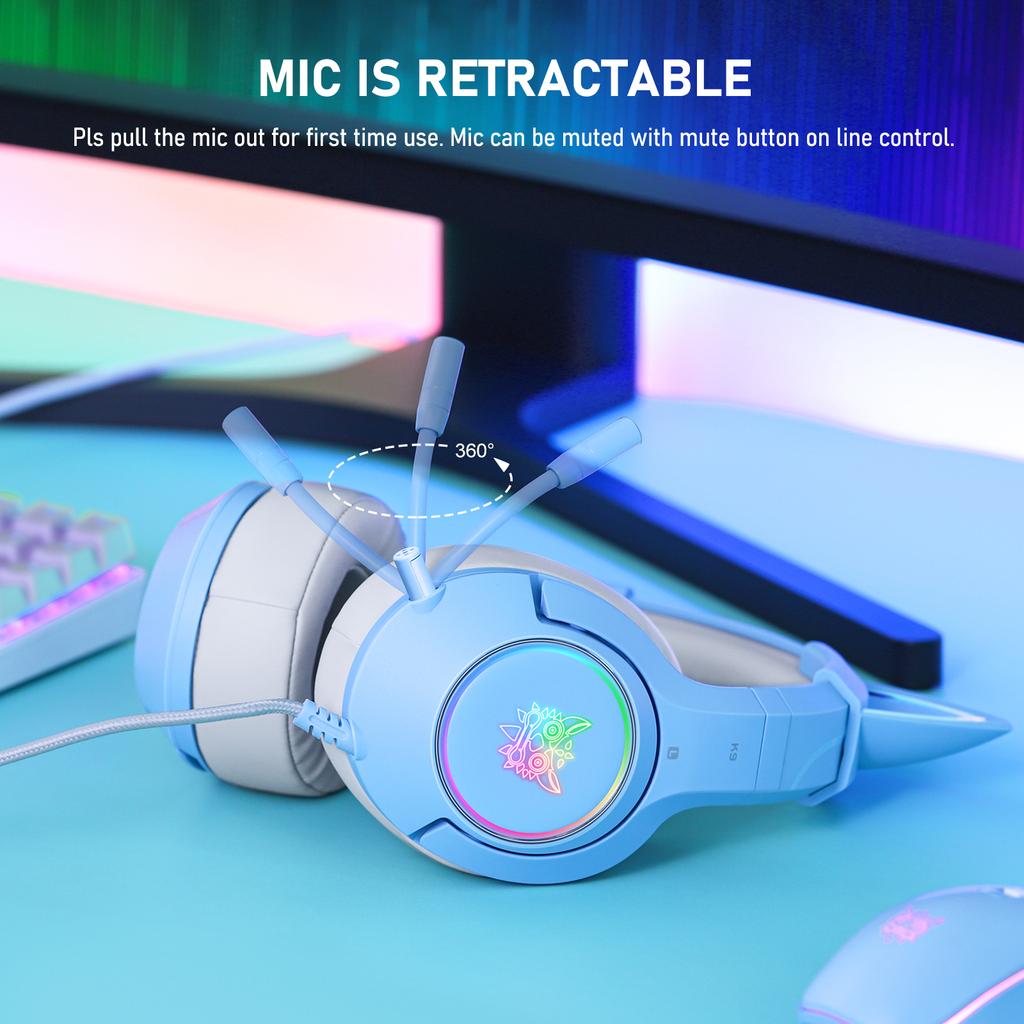 K9 Gaming Headset, Wired Over-Ear Headphones with Detachable Cat Ears, Noise Cancelling Microphone, RGB Backlight, Surround Sound for PC PS5 PS5 Xbox
